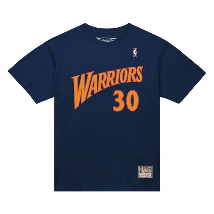 The NBA Golden State Warriors Steph Curry Jersey T-Shirt is navy blue with WARRIORS and number 30 in orange, featuring the NBA logo and a Mitchell & Ness patch near the hem.