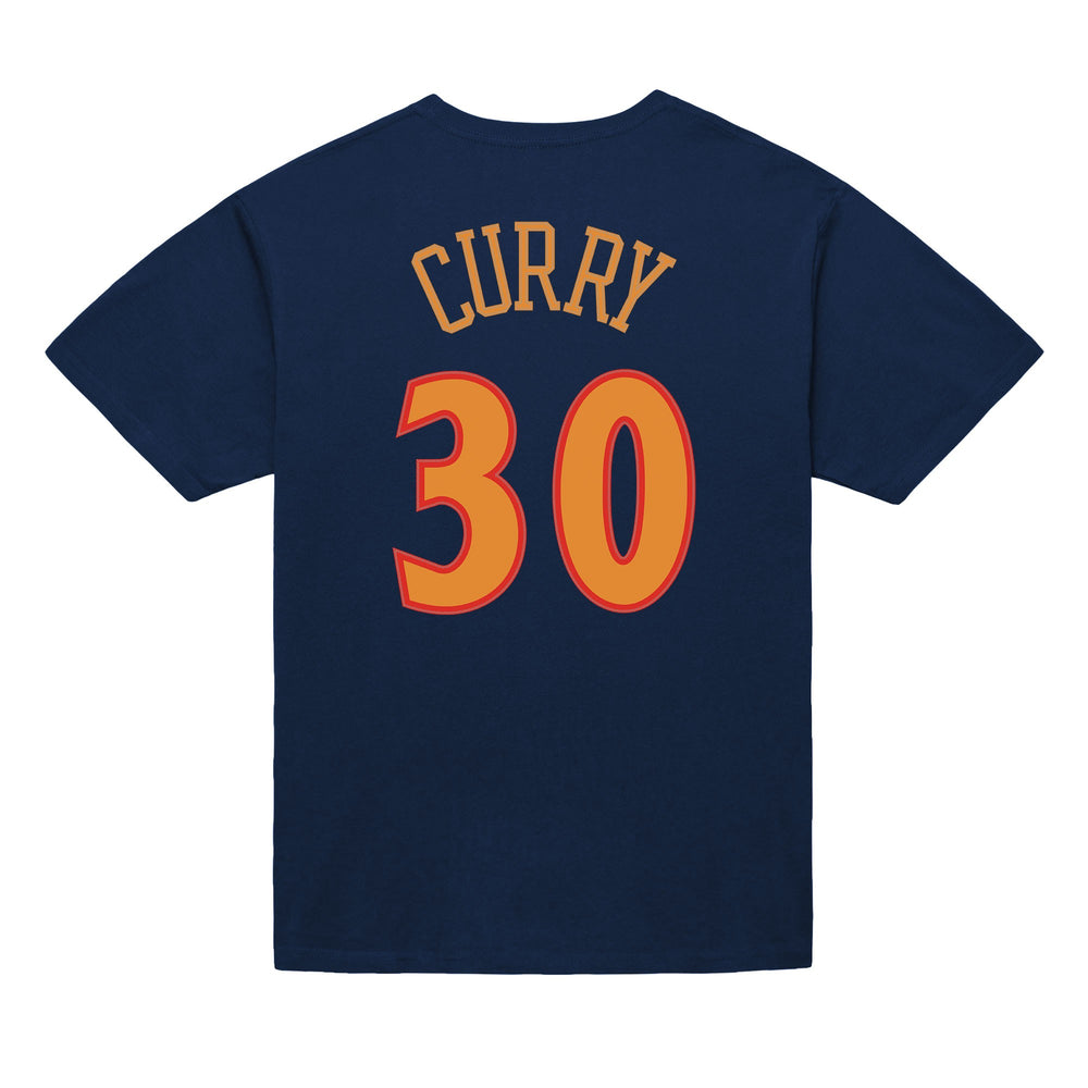 The NBA Golden State Warriors Steph Curry Jersey T-Shirt is navy blue, features CURRY in yellow letters, and has the number 30 outlined in yellow and red on the back.