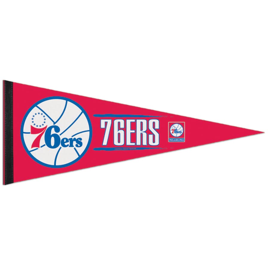 Show your support with this Basketball Sport Teams Pennant Flag in red felt, featuring the Philadelphia 76ers logo, bold white "76ERS" text, and a basketball graphic—perfect for any fan’s collection.