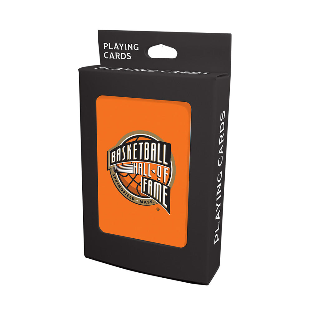 The Basketball Hall of Fame Playing Cards come in a black box with an orange card featuring the Hall of Fame logo. "PLAYING CARDS" is printed in white on the top and side—perfect for honoring basketball legends.