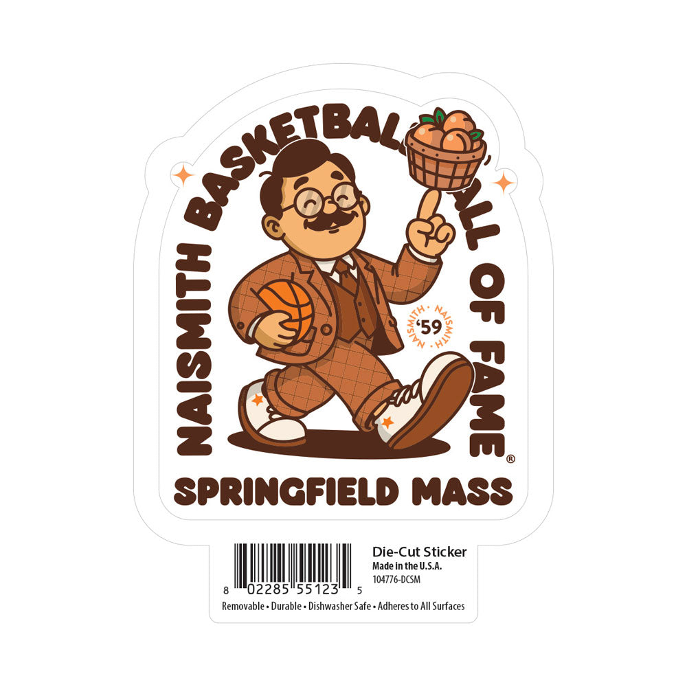 A cartoon likeness of Dr. Naismith in a brown suit playfully spins a peach basket on one finger and holds a basketball, surrounded by the text: “Naismith Basketball Hall of Fame, Springfield Mass.” This Basketball Hall of Fame® Dr. Naismith Playmaker Sticker features artwork by Chris Bomely and includes a price tag and barcode.