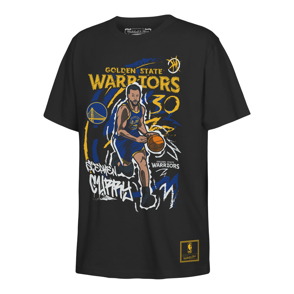 The NBA Golden State Warriors Steph Curry Chalked Up Youth T-Shirt by Mitchell & Ness features a cartoon Steph Curry dribbling, with bold “Golden State Warriors,” “30,” and “Stephen Curry” graphics on a black tee.