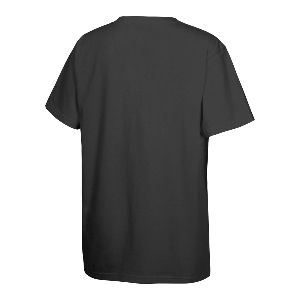 A black NBA Golden State Warriors Steph Curry Chalked Up Youth T-Shirt by Mitchell & Ness, shown from the back on a white background.