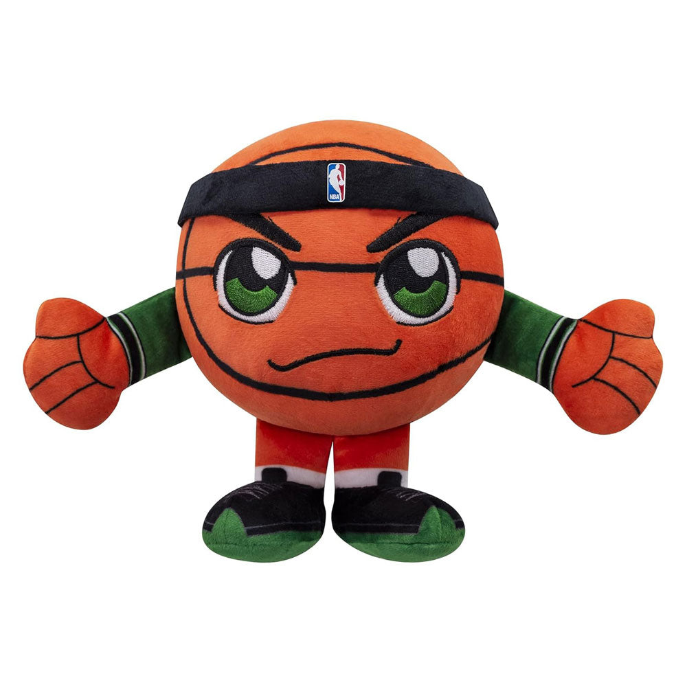 The Boston Celtics Basketball Plush is a chibi-style plush shaped like a ball with big green eyes, a black NBA headband, orange arms with black lines, and green-and-black shoes—standing upright with a confident expression.