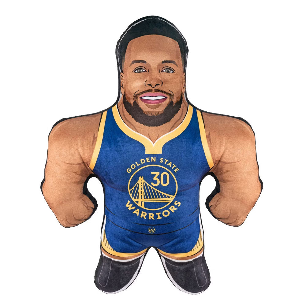 The NBA Golden State Warriors Steph Curry Bleacher Buddy is a plush toy shaped like a basketball player in a #30 jersey, featuring Steph Curry’s signature beard and a bright, cheerful smile.