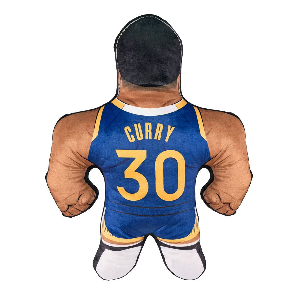 The NBA Golden State Warriors Steph Curry Bleacher Buddy is a plush pillow shaped like a muscular basketball player in a blue and yellow Warriors jersey with CURRY and 30 on the back, set against a white background.