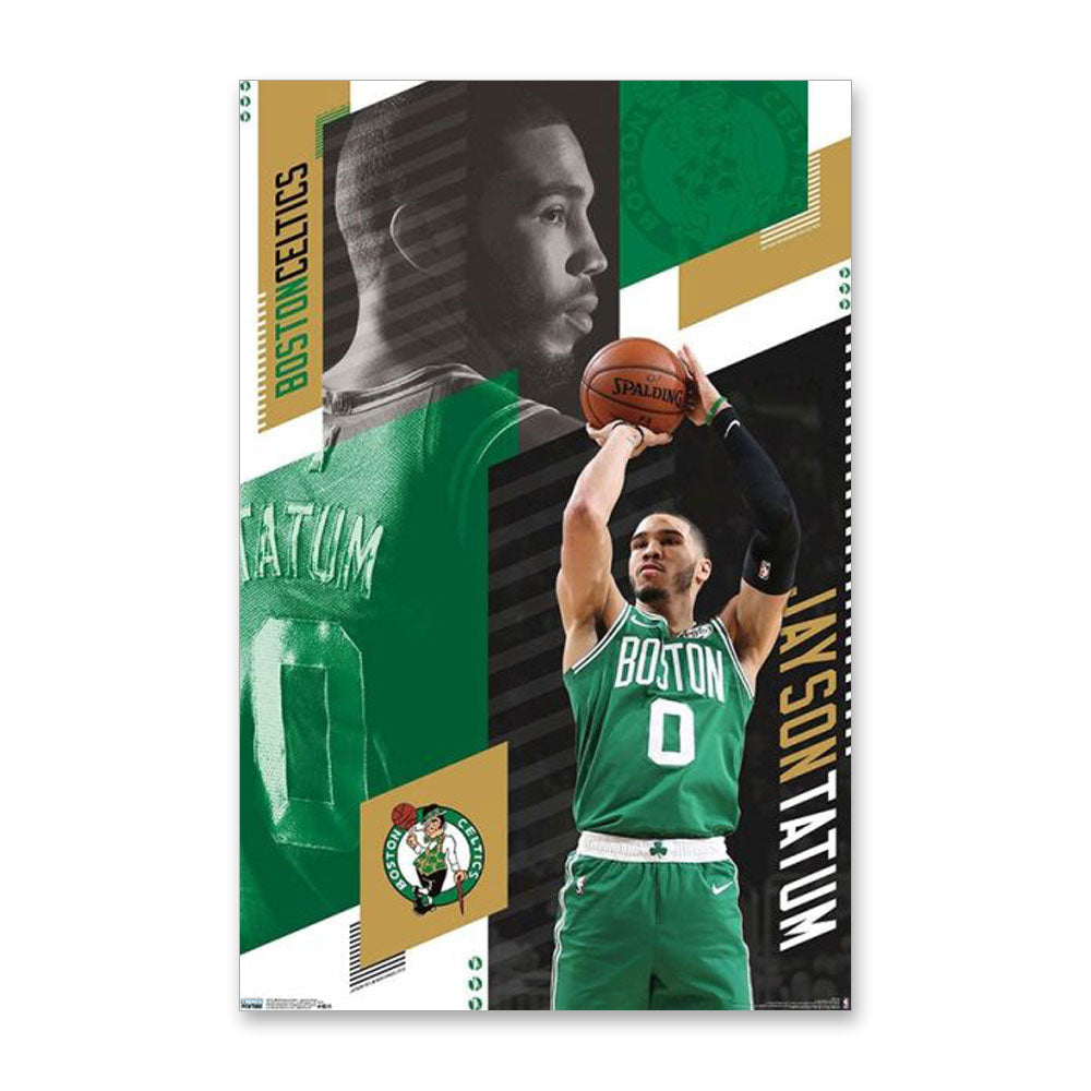 The NBA Boston Celtics Jayson Tatum 19 Poster features him in a green jersey, basketball in hand, with a bold grayscale portrait and Celtics logos—a must-have wall art for dedicated NBA fans.