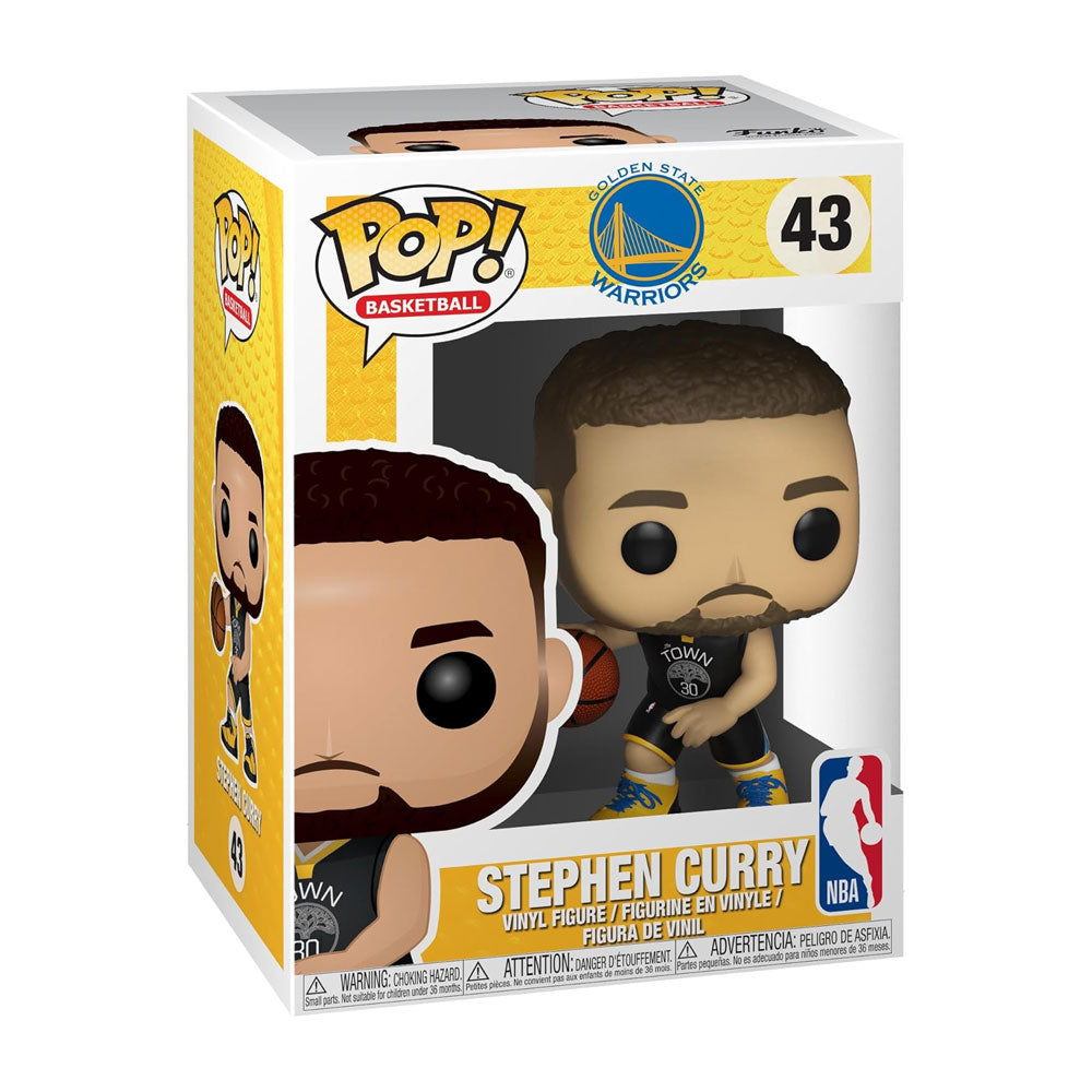 The Funko NBA Golden State Warriors POP! Stephen Curry vinyl figure, number 43, comes in a display box with official NBA collectible logos—perfect for any Warriors POP collection.