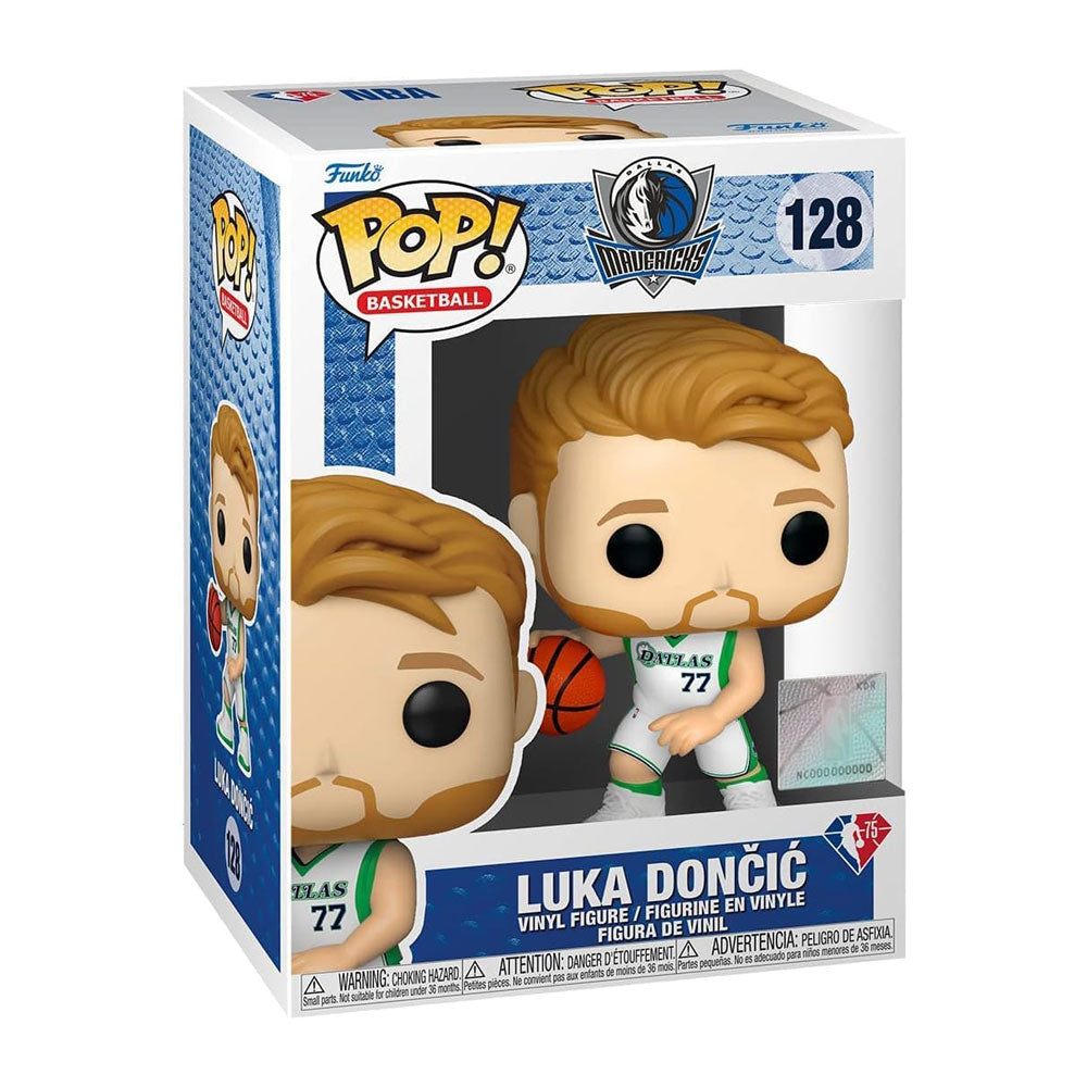 Funko NBA Dallas Mavericks POP! Luka Doncic vinyl figure (#128) shows Luka in his team uniform holding a basketball, packaged with team logos and character name—a perfect collectible for Mavericks fans.