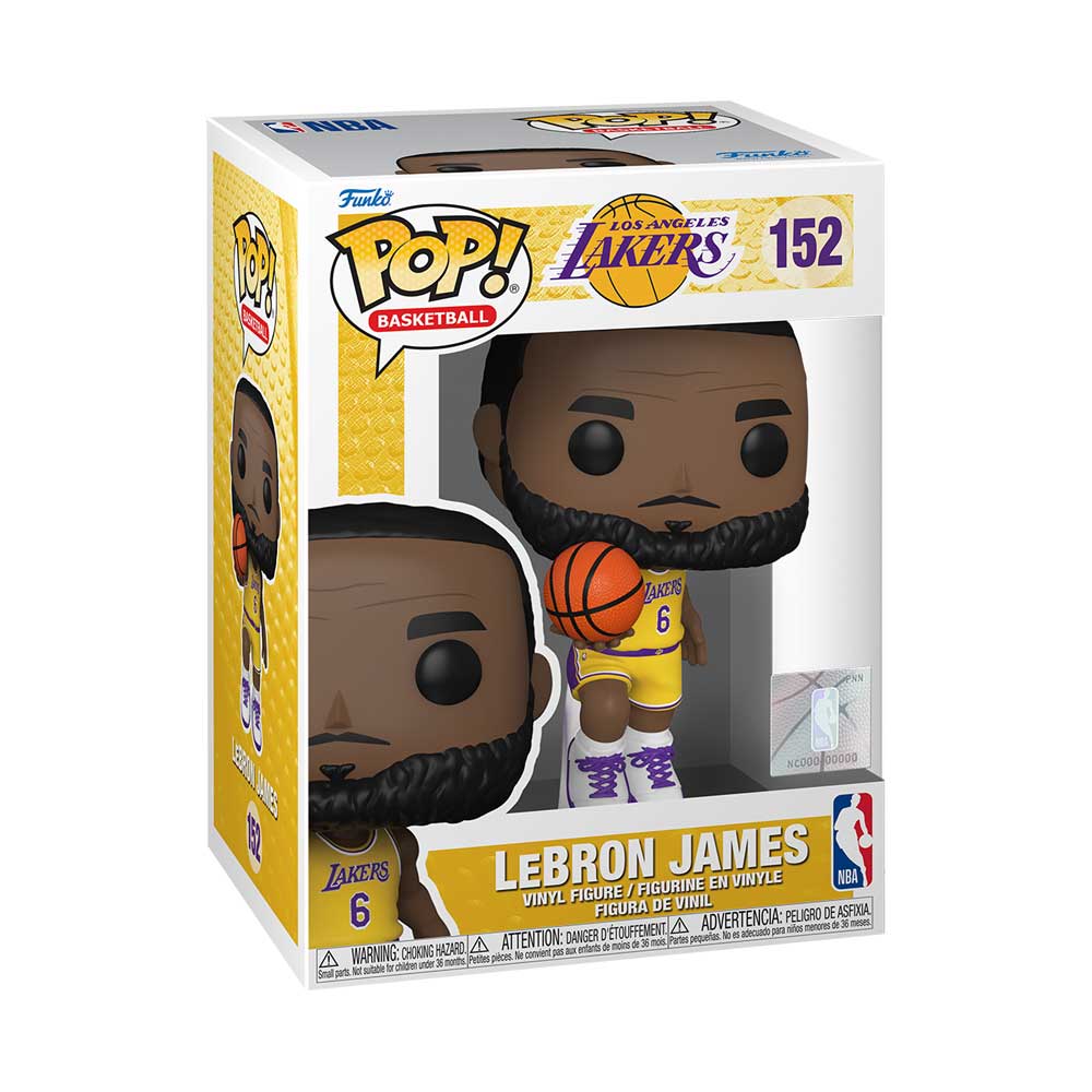 The Funko NBA Los Angeles Lakers POP! LeBron James figure features LeBron in his Lakers uniform holding a basketball, boxed with “LeBron James” and number 152—an essential collectible for Lakers fans.