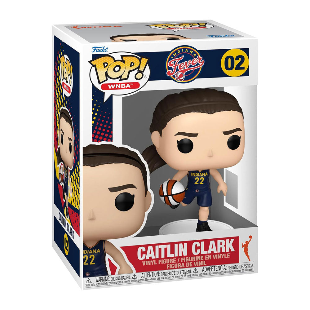 The Funko WNBA Indiana Fever POP! Caitlin Clark vinyl figure shows Caitlin Clark in her team uniform, holding a basketball, and comes boxed with Indiana Fever and WNBA logos—perfect for fans of women’s basketball.