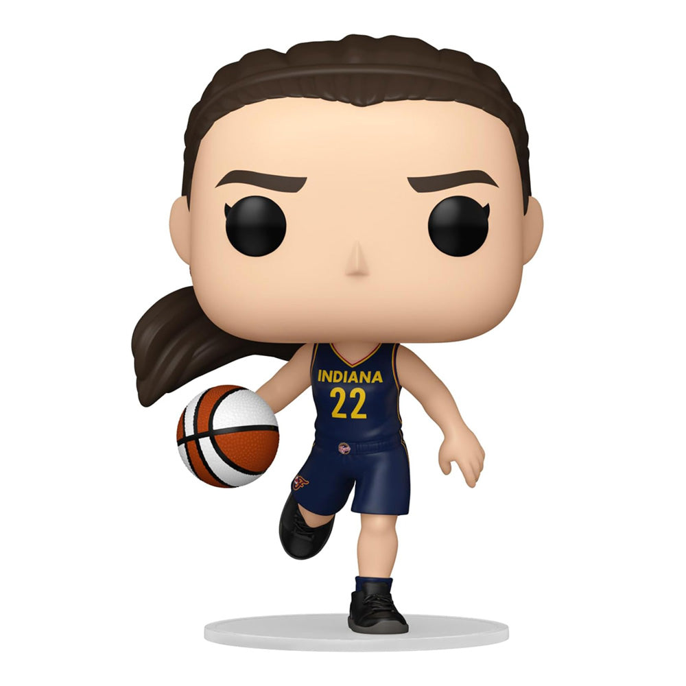 The Funko WNBA Indiana Fever POP! Caitlin Clark vinyl shows her in uniform, #22, dribbling with long brown hair tied back and blue sneakers—celebrating women in sports on a white base.