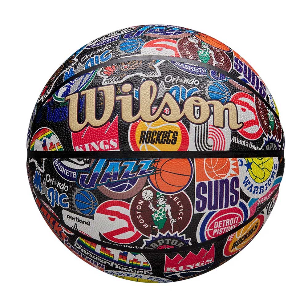 The Wilson NBA All Team Retro Basketball, featuring colorful logos of teams like the Rockets, Jazz, Suns, and Warriors on a white background, delivers a vibrant retro vibe for fans.