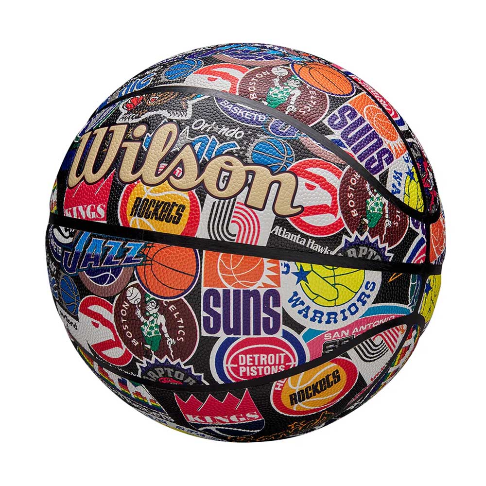 The Wilson NBA All Team Retro Basketball features colorful logos of NBA teams like the Suns, Rockets, Jazz, Kings, Warriors, and Pistons for a vibrant pattern and classic retro flair.