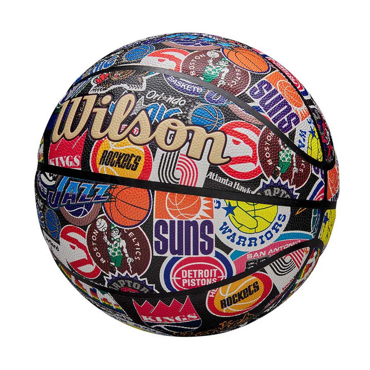 The Wilson NBA All Team Retro Basketball features colorful logos of NBA teams like the Suns, Rockets, Jazz, Kings, Warriors, and Pistons for a vibrant pattern and classic retro flair.