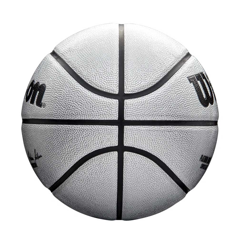 The Wilson NBA Platinum Edition Basketball, featuring the Wilson logo and black lines, is shown from above on a white background. This premium basketball provides exceptional grip for top-level performance.