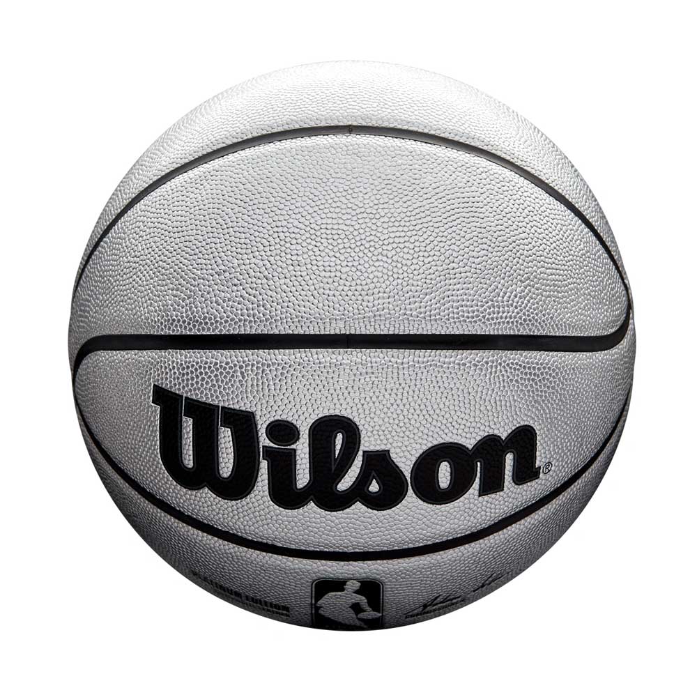 The Wilson NBA Platinum Edition Basketball, featuring black lines and logo on a white surface, is designed for enhanced grip to deliver a premium basketball experience.