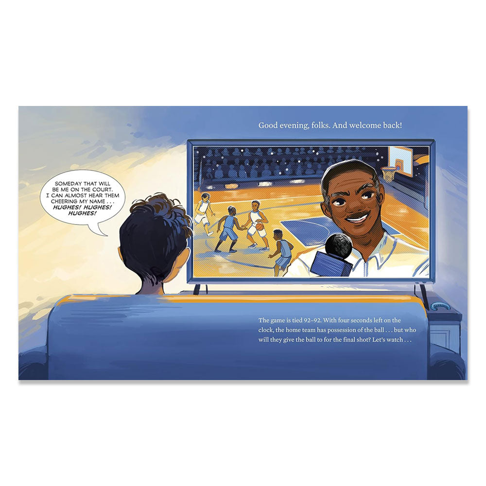 Watching a basketball game on TV, a child with a growth mindset hears, "Someday that will be me—only for our team!" echoing the inspiring journey of Stephen Curry from the picture book *I Have a Superpower* as the scoreboard reads 92–93.