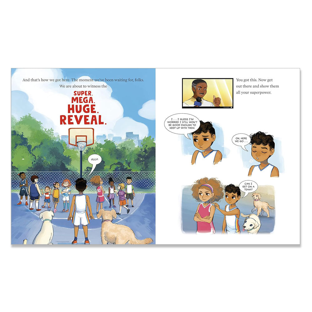 On a basketball court with colorful trees, kids and dogs gather as a nervous boy finds encouragement. Inspired by Stephen Curry’s growth mindset, this moment is from the comic-style picture book "I Have a Superpower.