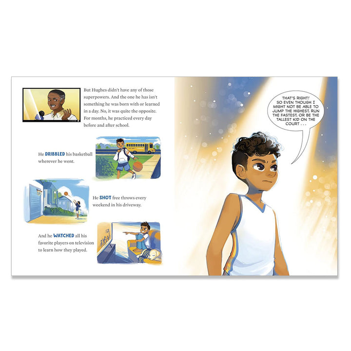 A page from "I Have a Superpower" shows a boy inspired by Stephen Curry, dribbling and shooting basketballs with determination in his driveway as he says, “No one thought I could shoot from the arc,” highlighting his growth mindset.