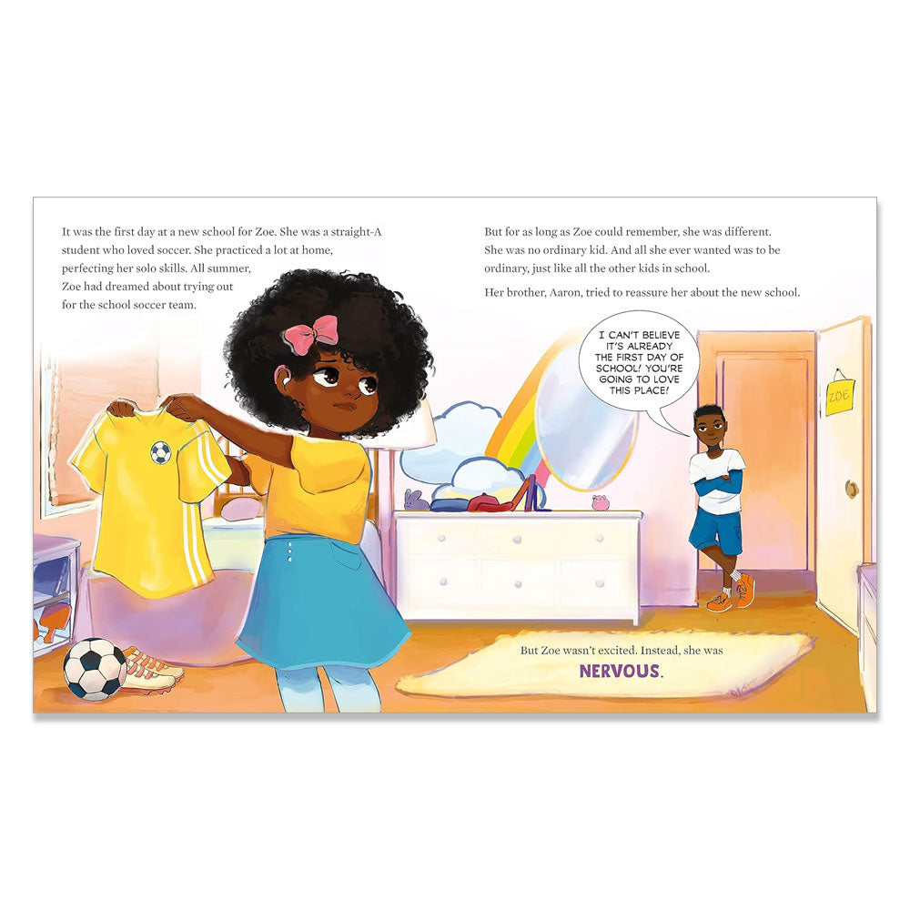Illustration for "I Am Extraordinary": A girl holds a yellow soccer jersey in her bedroom, looking uncertain as sunlight streams in. Her brother stands by the door—capturing kids' self-acceptance and building confidence with new challenges.