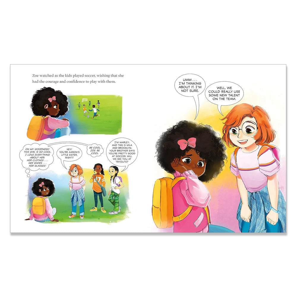 Illustration for "I Am Extraordinary" shows two girls watching kids play soccer. One girl with curly hair looks unsure as her friend encourages her, using supportive dialogue about self-acceptance while children play in the background.