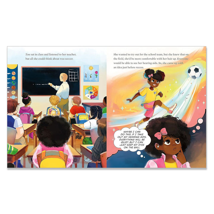 In class, a curly-haired girl listens as she imagines playing soccer with confidence—a rainbow trail behind her kick—symbolizing the empowerment and self-acceptance inspired by "I Am Extraordinary.