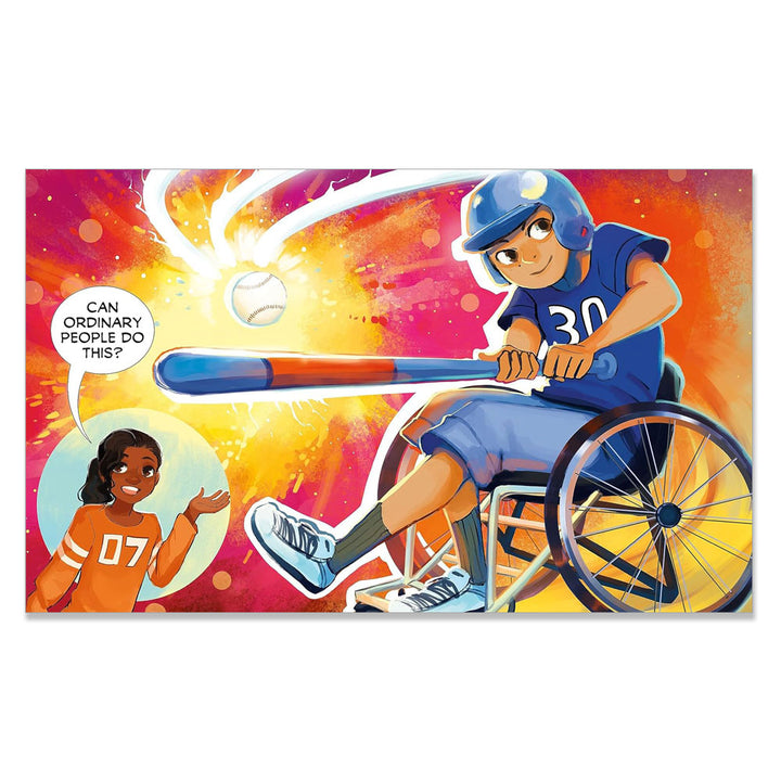 A boy in a wheelchair, jersey 30, hits a baseball. A girl in an orange shirt, number 07, asks, “Can ordinary people do this?”—a lively scene inspired by the "I Am Extraordinary" picture book and kids’ self-acceptance.