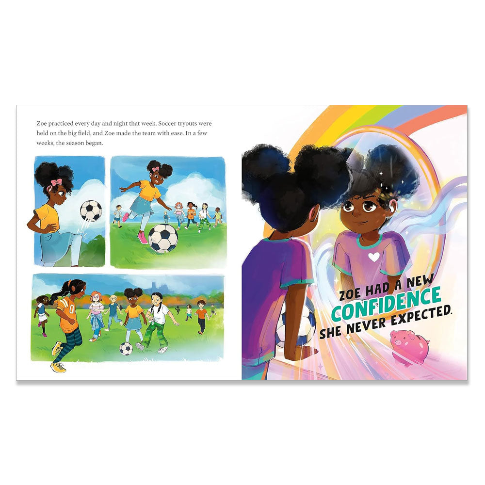 A spread from "I Am Extraordinary" shows a girl playing soccer, practicing, and joining a team. On the right page, she admires her reflection as she discovers new confidence—a heartwarming story of kids' self-acceptance.