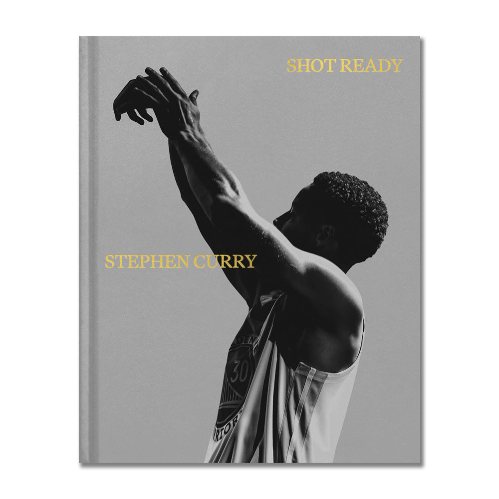 The cover of "Shot Ready" features a grayscale photo of Stephen Curry taking a jump shot, with the title in gold text and his name below, reflecting his philosophy of success.