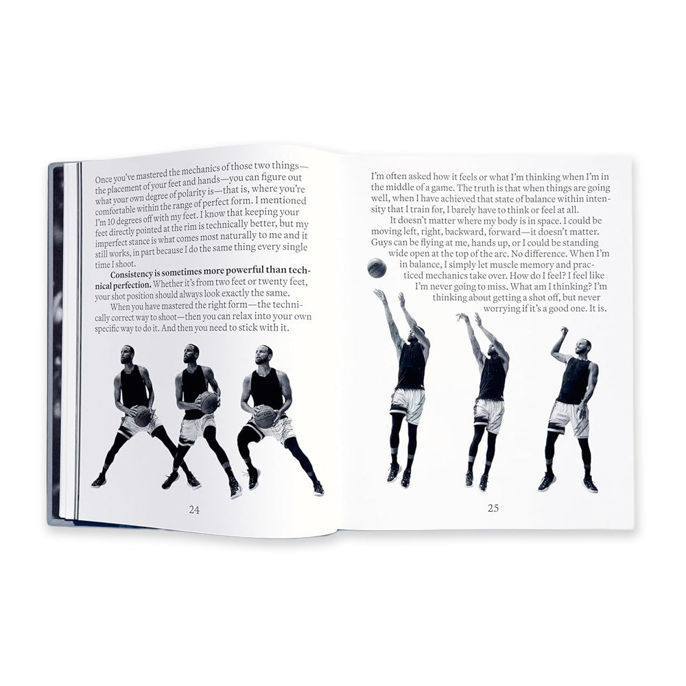 The open Shot Ready book shows two pages: the left features text above four photos of a basketball player dribbling, while the right explains Stephen Curry’s "Shot Ready" philosophy with four images of his shooting sequence.