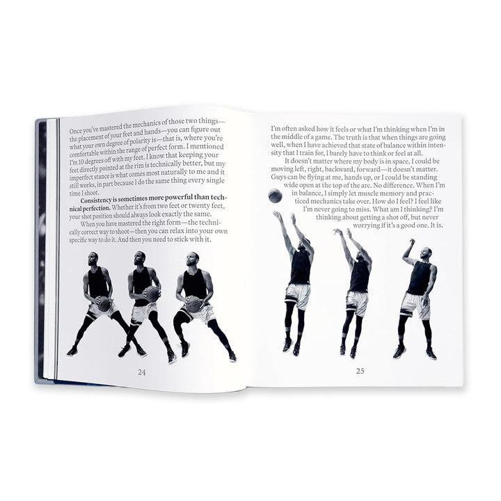 The open Shot Ready book shows two pages: the left features text above four photos of a basketball player dribbling, while the right explains Stephen Curry’s "Shot Ready" philosophy with four images of his shooting sequence.