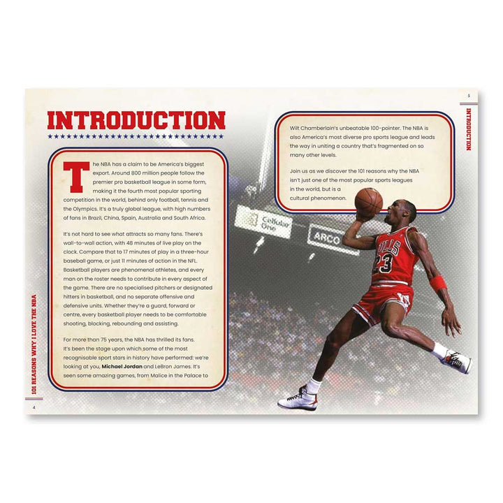 The book "101 Reasons Why I Love The NBA" opens with a bold red INTRODUCTION on the left page discussing the NBA, while the right page displays a Chicago Bulls player mid-air for a dunk, capturing the league's excitement.
