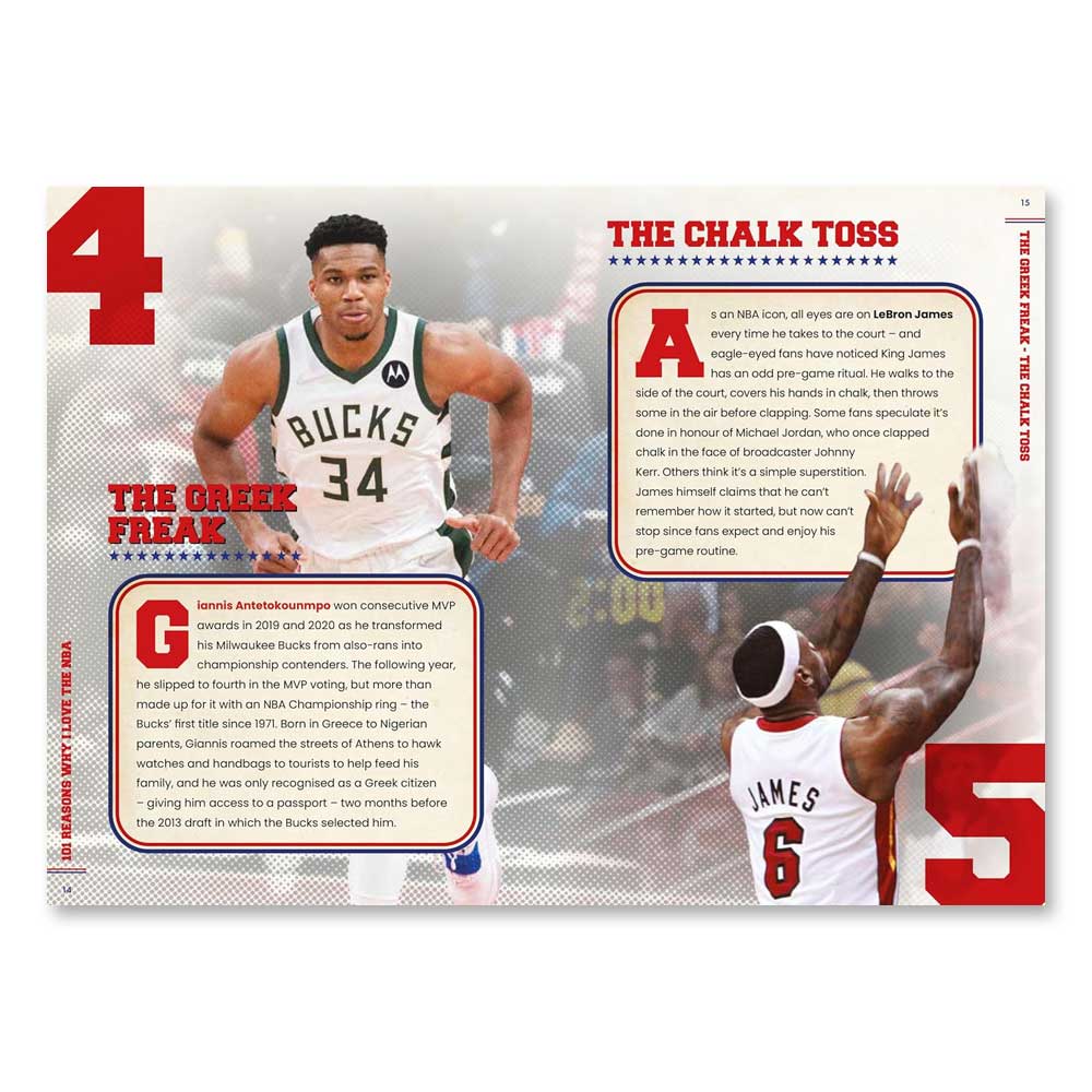 A two-page "101 Reasons Why I Love The NBA" spread features Giannis Antetokounmpo dribbling (left) and LeBron James tossing chalk (right), with large red numbers 4 and 5 and text about their global league careers.
