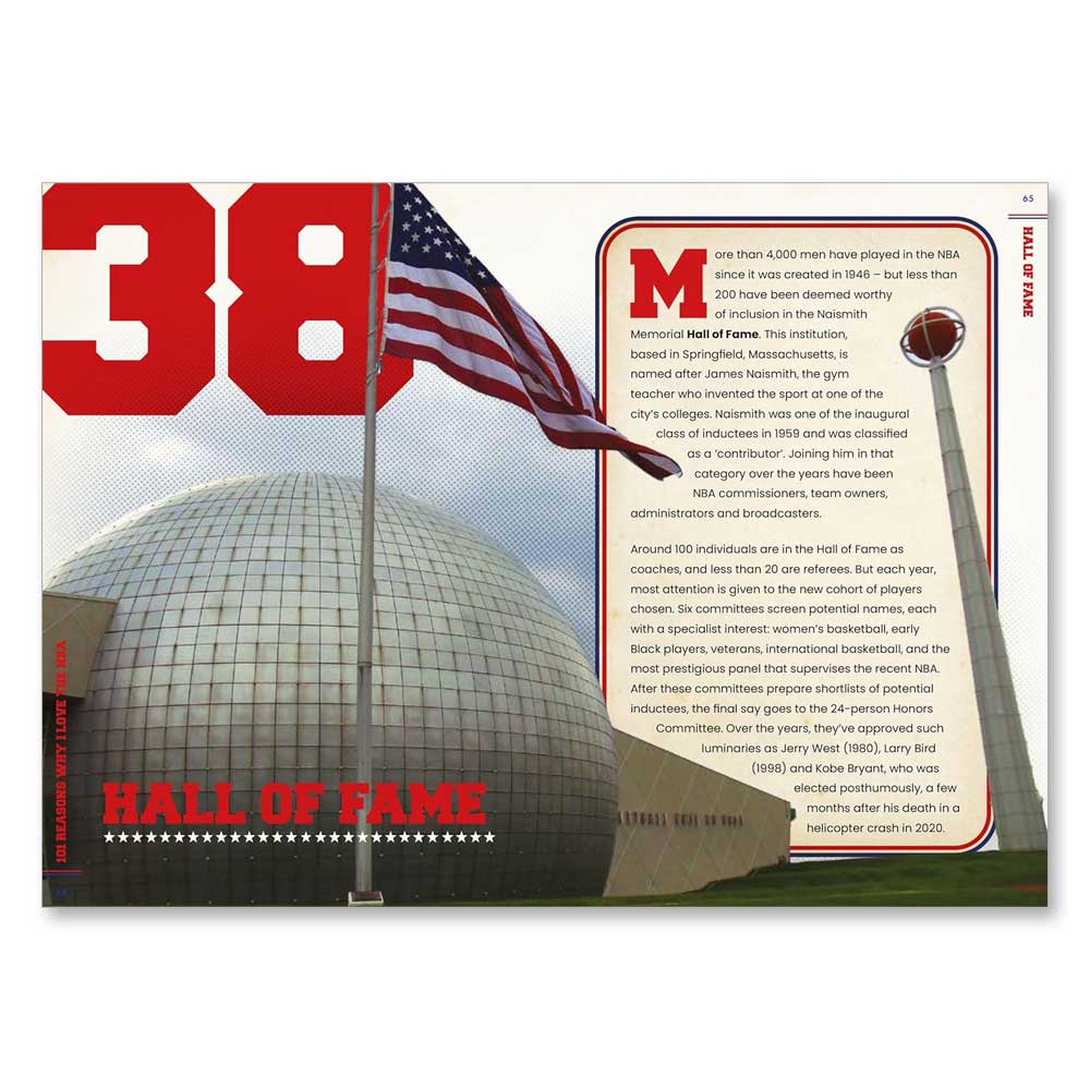 An open spread in "101 Reasons Why I Love The NBA" shows a bold red 38, an American flag, and a domed building. Text highlights the NBA Hall of Fame, with "Hall of Fame" in large red letters at the bottom left.