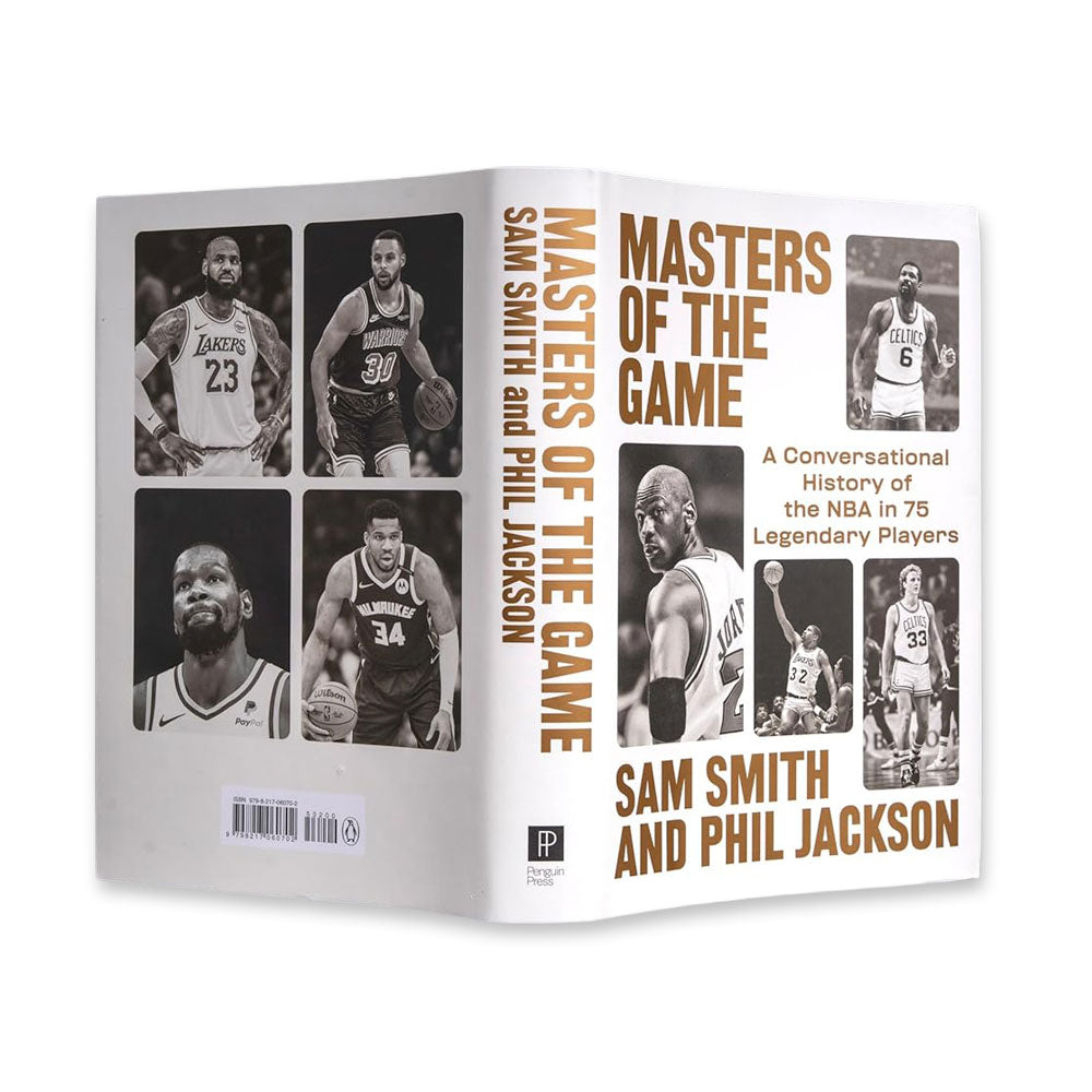 The cover of Masters of the Game: A Conversational History of the NBA in 75 Legendary Players features black-and-white photos of NBA legends with bold orange and black text on a white background.