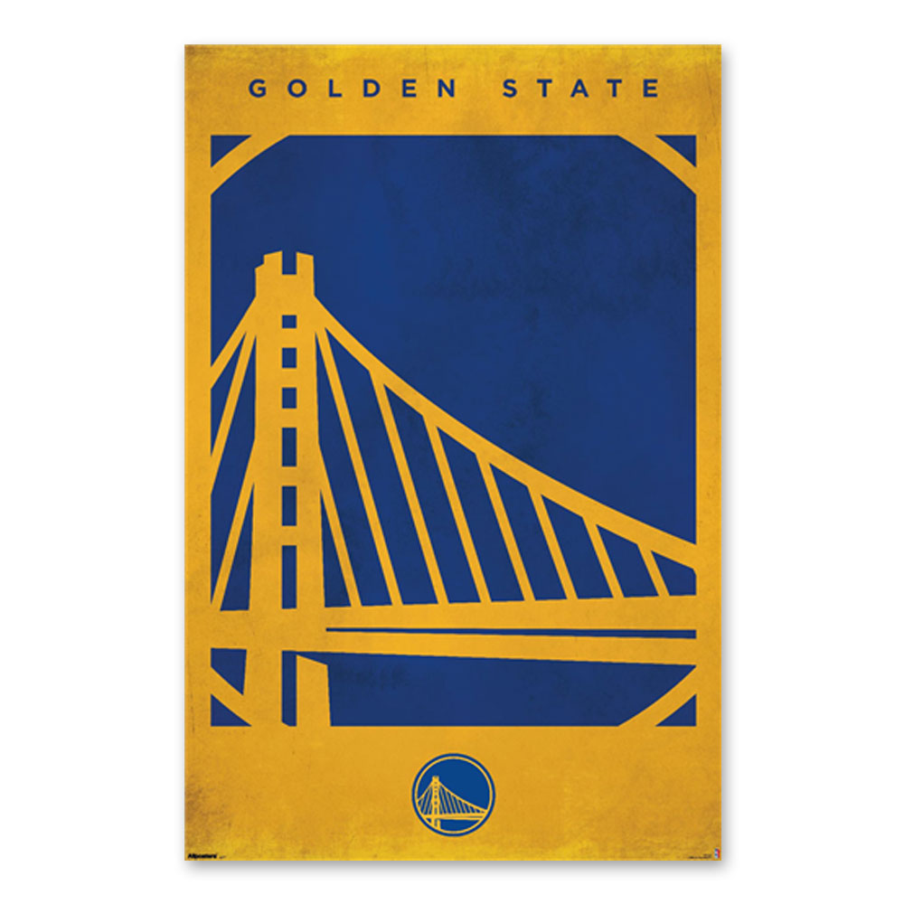 The NBA Golden State Warriors Logo 25 Poster showcases a minimalist Golden Gate Bridge in yellow on blue, "Golden State" at the top, and a small Warriors logo—ideal basketball wall art for any NBA poster collection.
