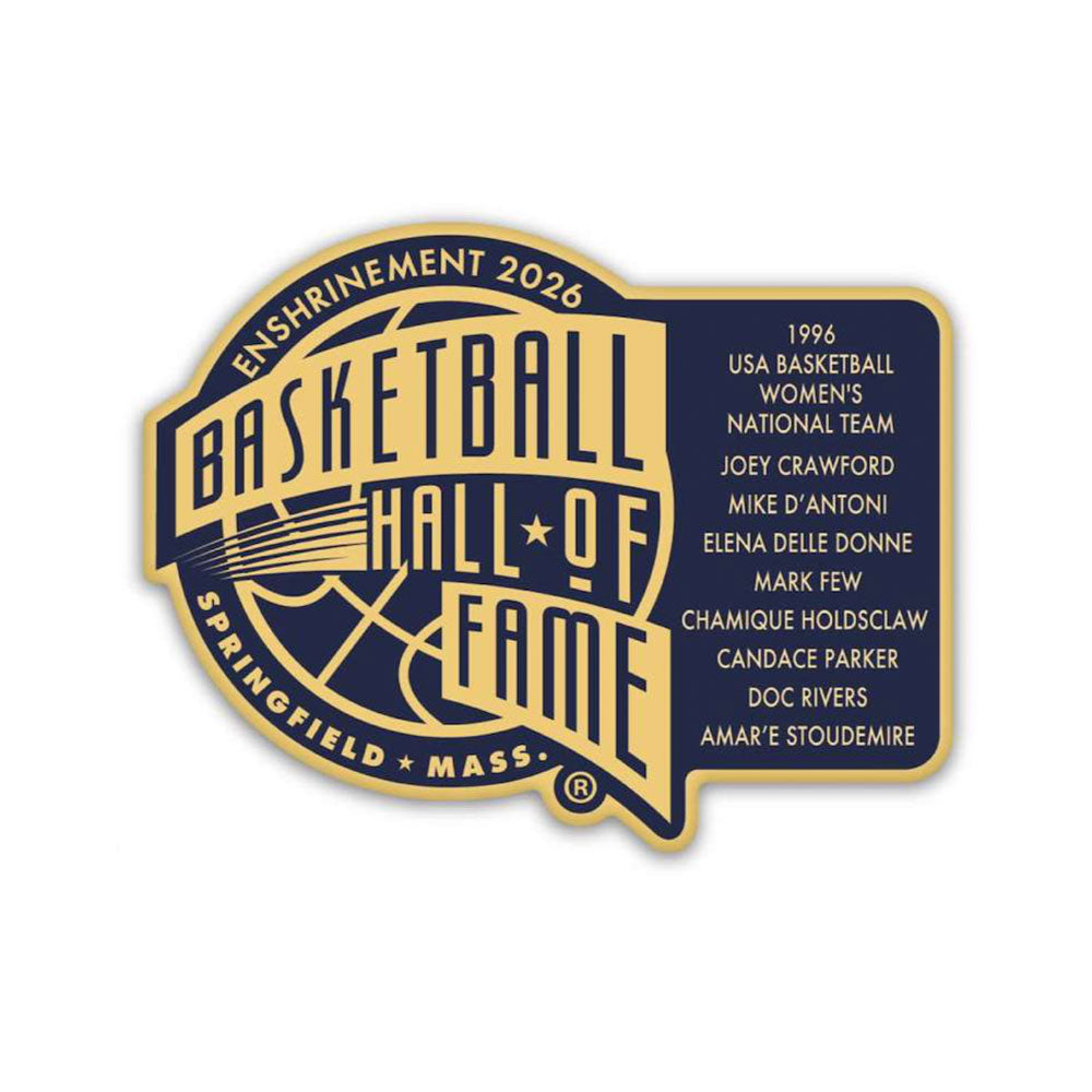Celebrate the Basketball Hall of Fame® with this 2026 Enshrinement Pin, a collectible displayed on a themed backing card featuring gold and blue accents and the official Hall of Fame® logo.