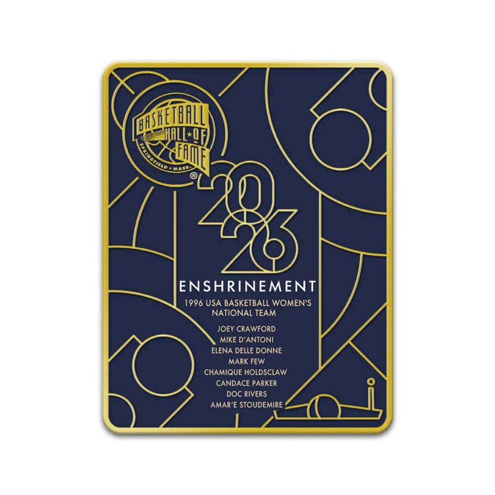 The Basketball Hall of Fame® 2026 Enshrinement Magnet features a navy blue design with gold accents, the Hall of Fame logo, memorabilia artwork, and names like Joey Crawford, Mike D’Antoni, Candace Parker, and more.