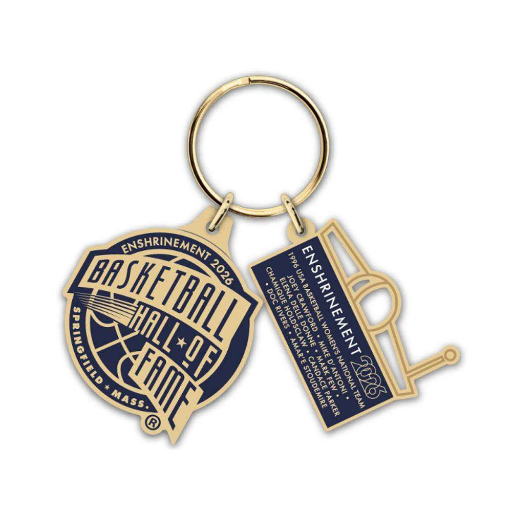 The Basketball Hall of Fame® 2026 Enshrinement Keychain features a gold and navy design with logo and rectangular tag, both accented in gold, on a sturdy metal keyring—an ideal keepsake for basketball fans.