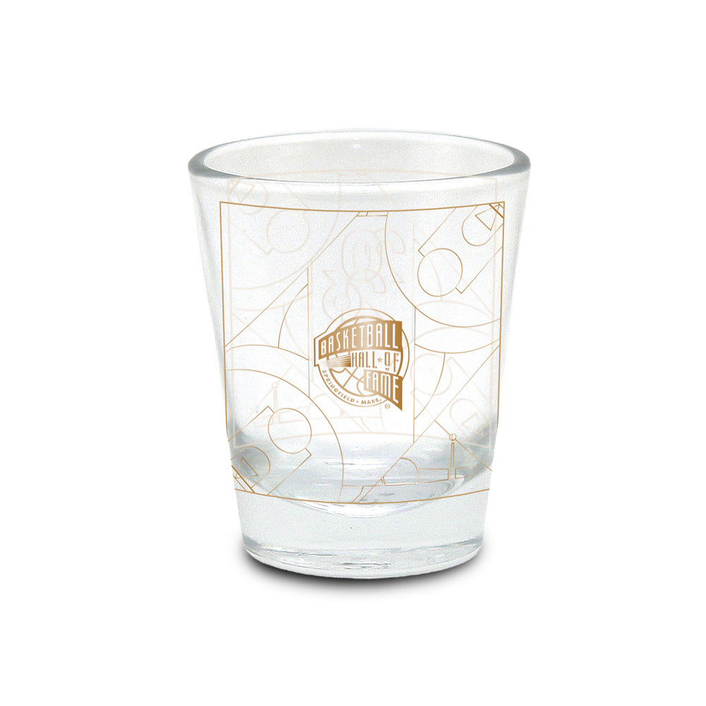 Show your passion for the game with the Basketball Hall of Fame® 2026 Enshrinement Shot Glass. This clear glass collectible features a gold Hall of Fame logo and basketball court lines printed on the outside, photographed against a white background—an essential addition for basketball fans and collectors looking forward to the 2026 Enshrinement.