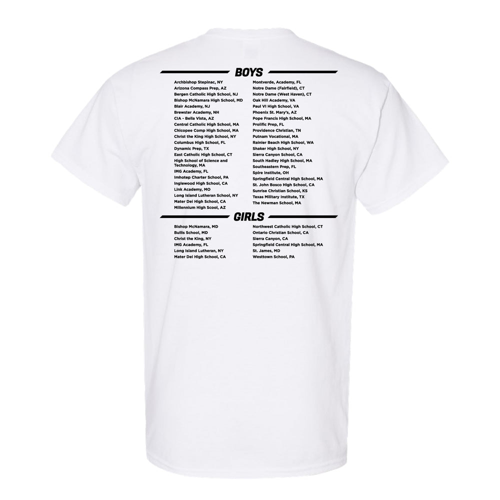 Show your support for future stars with the 2026 Hoophall Classic T-Shirt—a white tee featuring high school names under BOYS and GIRLS headings in black text, inspired by those seen at the Panini Hoophall Classic.