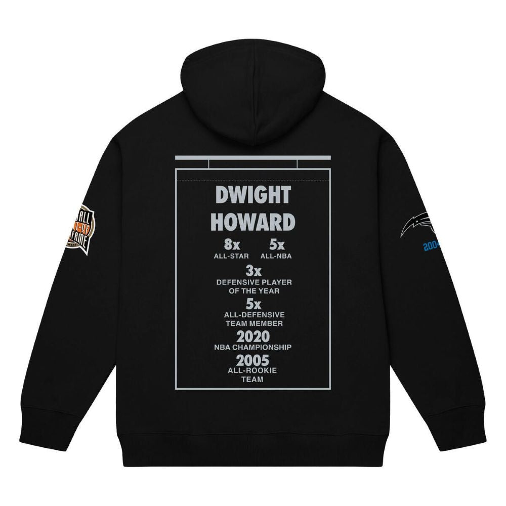 The NBA Ultimate Player Orlando Magic Dwight Howard Hooded Sweatshirt is a black hoodie showcasing Howard’s basketball achievements on the back, including 8x All-Star, 5x All-NBA, Defensive Player of the Year, NBA Champion, and more.