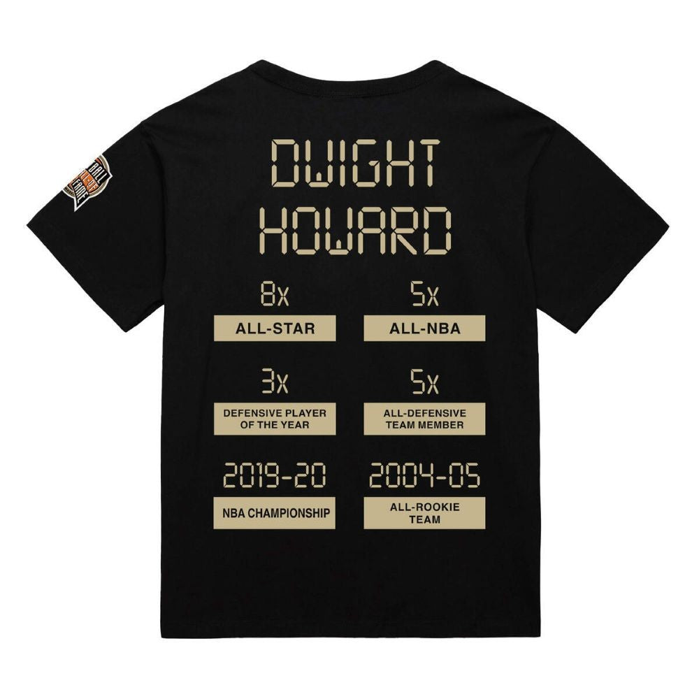 The NBA Ultimate Player Orlando Magic Dwight Howard T-Shirt highlights his basketball achievements in gold text on the back—All-Star, All-NBA, Defensive Player of the Year, NBA Champion—making it a standout piece for any Magic fan’s collection.