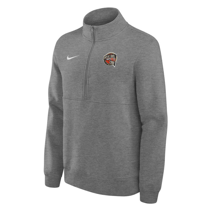 The Nike X Basketball Hall of Fame Quarter Zip Fleece is a gray, long-sleeve pullover with a Nike logo and Hall of Fame branding—ideal for basketball fans wanting comfort and style.