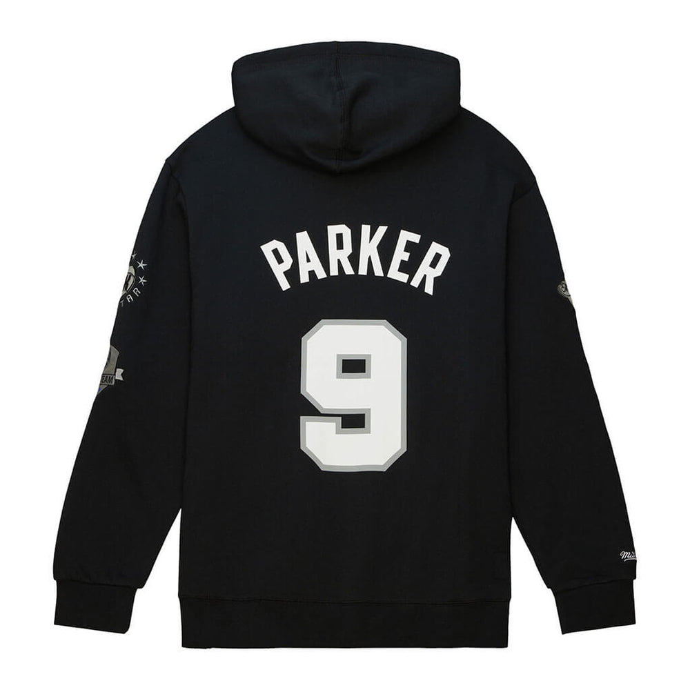Basketball HOF Limited Edition Tony Parker Hooded Sweatshirt—black with "PARKER" and number 9 on the back, inspired by San Antonio Spurs style, decorated with various logos and patches on both sleeves.