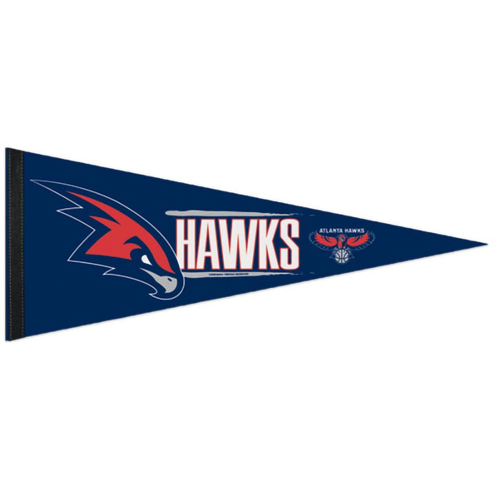 The Basketball Sport Teams Pennant Flags feature a blue felt design with a stylized red and blue hawk head, bold white "HAWKS" lettering, and an Atlanta Hawks winged logo—ideal licensed decor for fans.