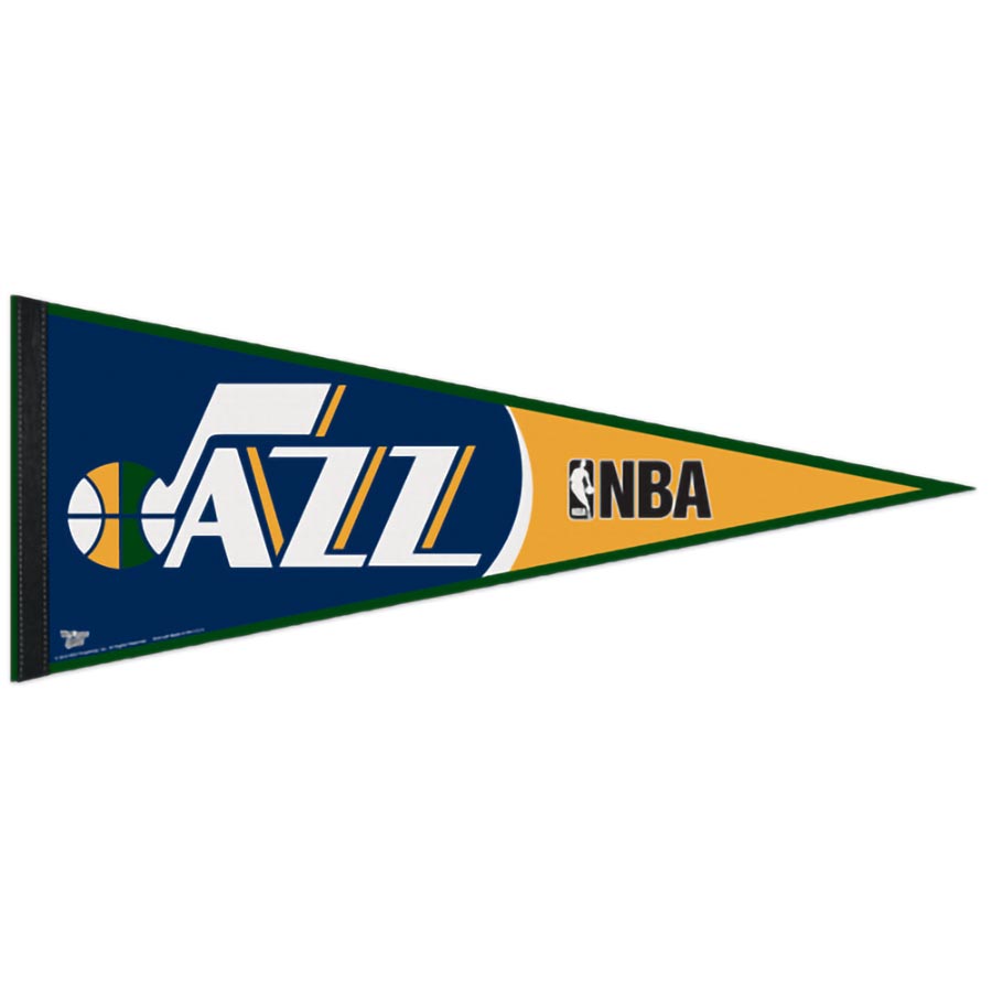 The Basketball Sport Teams Pennant Flags feature blue, yellow, and green felt with the Utah Jazz logo, team name, basketball graphic, and NBA logo—an essential licensed collectible for any Jazz fan.