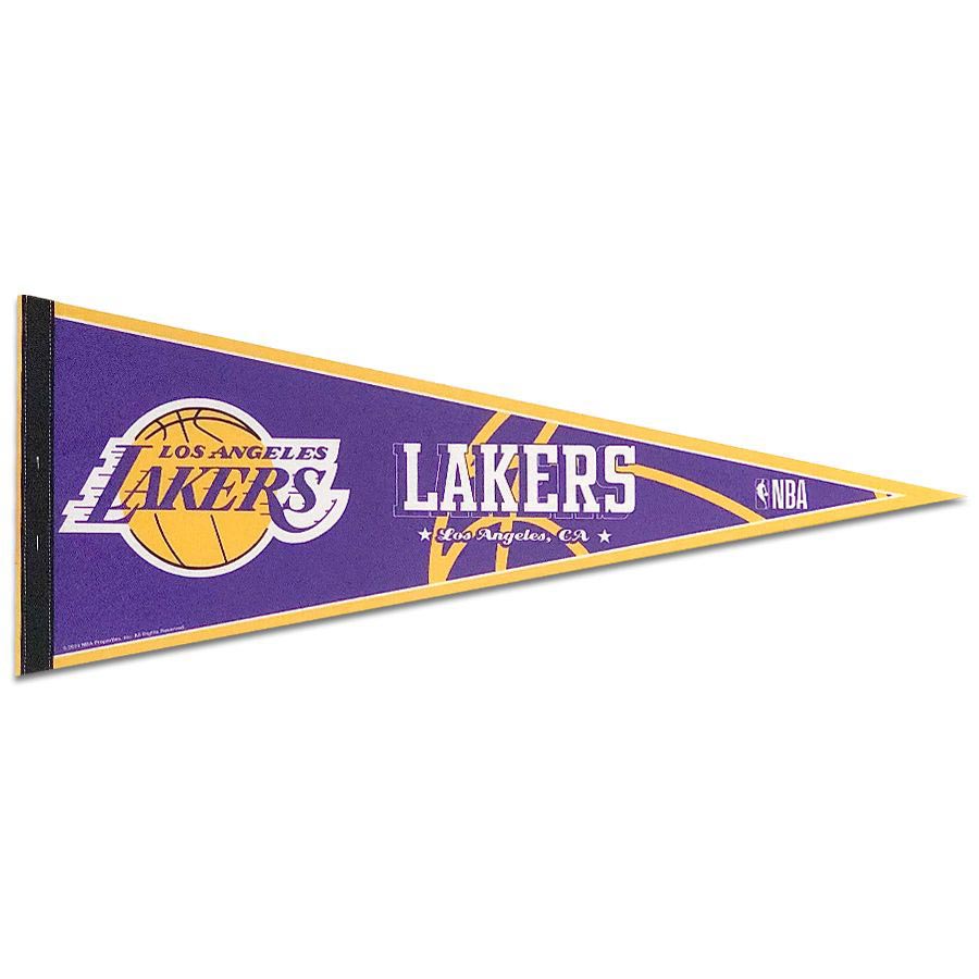The NBA Premium Felt Pennant showcases the Los Angeles Lakers’ purple and yellow colors, featuring the iconic Lakers logo, a basketball graphic, and the official NBA logo. Bold “Los Angeles Lakers” text stands out across this licensed pennant, making it an essential item for any dedicated sports fan.