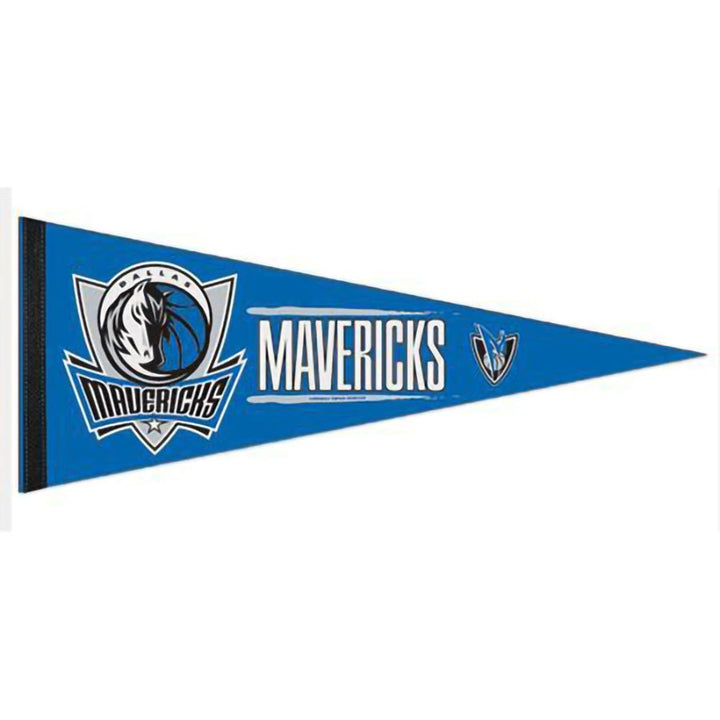 Showcasing team spirit, the Basketball Sport Teams Pennant Flags feature a blue triangle design with the Dallas Mavericks logo on the left, "MAVERICKS" in white at center, and a smaller logo on the right—ideal for fans' collections.